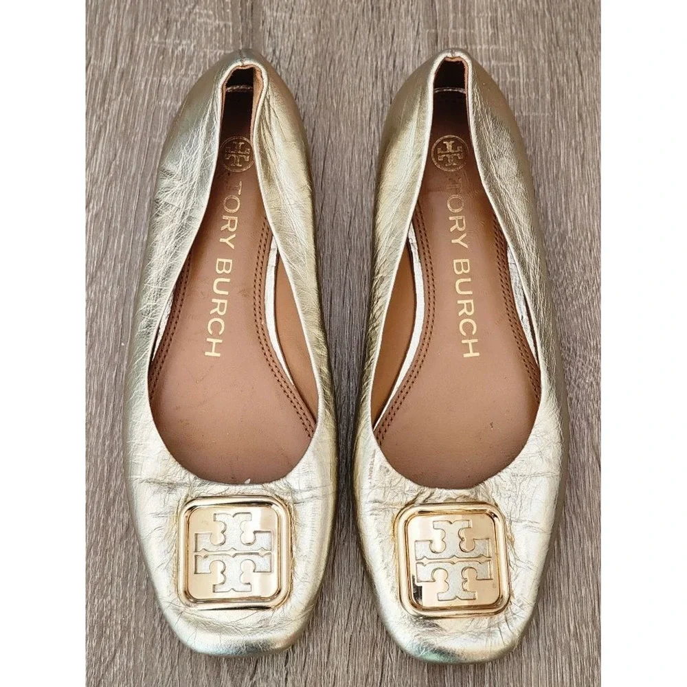 TORY BURCH Gold Square Toe Ballet Flats Logo Size 6